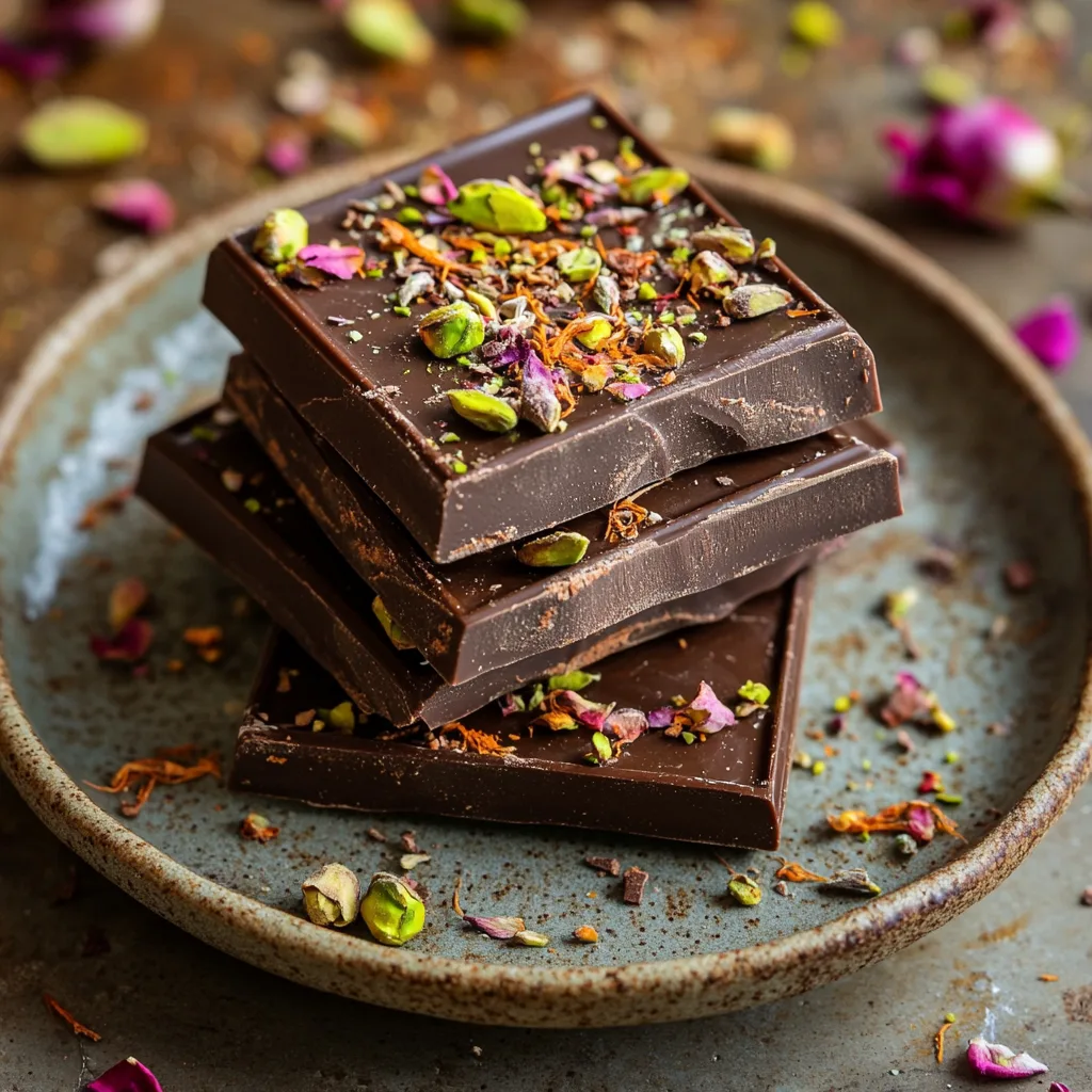 A stack of Dubai chocolate bars on a plate, garnished with pistachios, rose petals, and saffron threads.