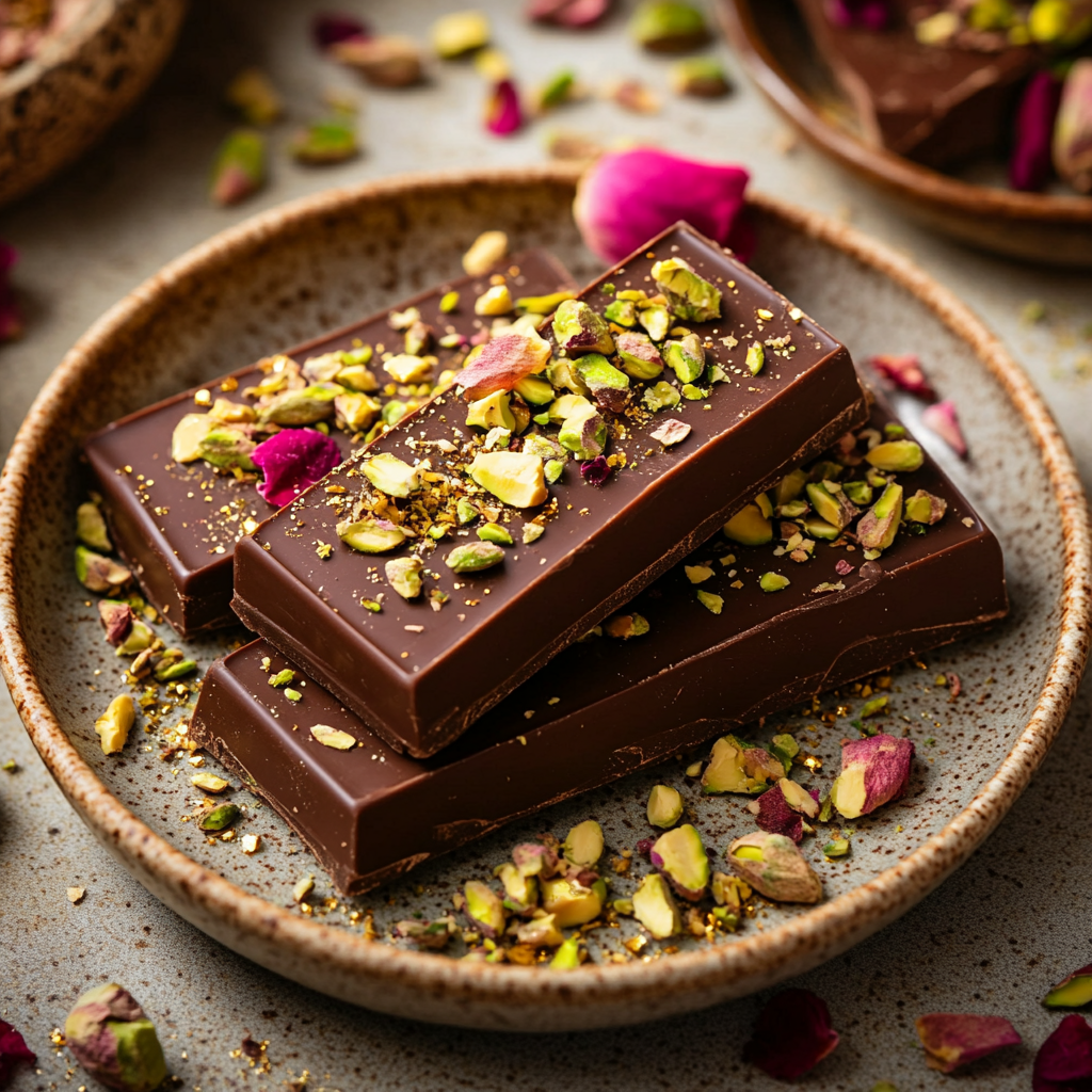 Luxurious Dubai chocolate bars garnished with pistachios and rose petals.