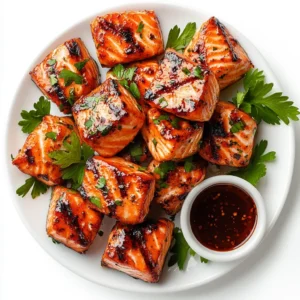 Delicious salmon bites recipe served on a white plate with dipping sauce.