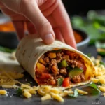 Hands rolling a tortilla filled with seasoned meat and vegetables, preparing to assemble Boulders Enchiladas.