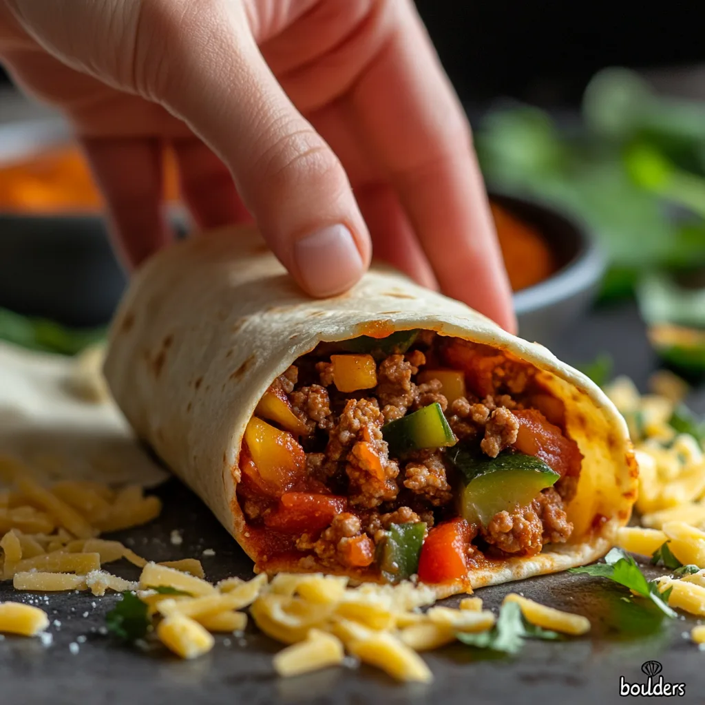 Hands rolling a tortilla filled with seasoned meat and vegetables, preparing to assemble Boulders Enchiladas.