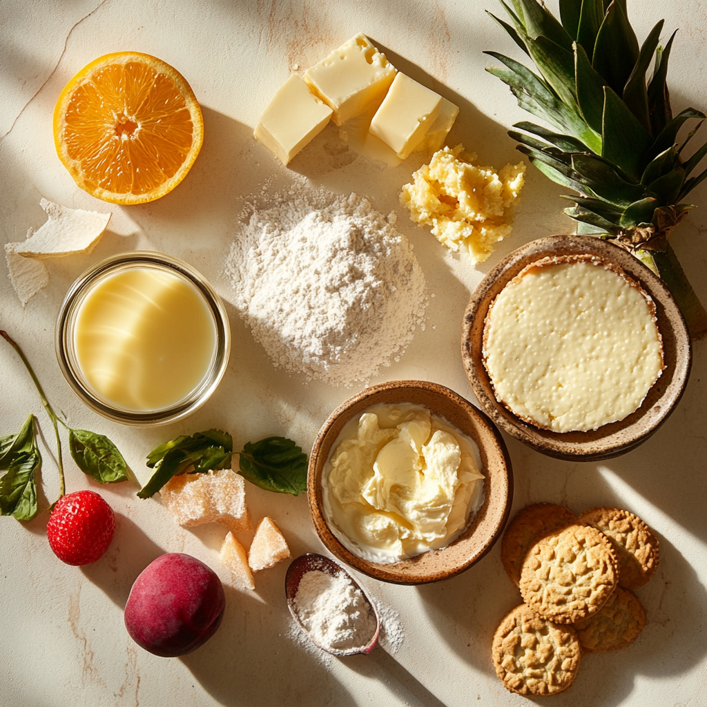 Traditional Mexican baking ingredients for cheesecake including queso fresco, condensed milk, Maria cookies, and vanilla extract