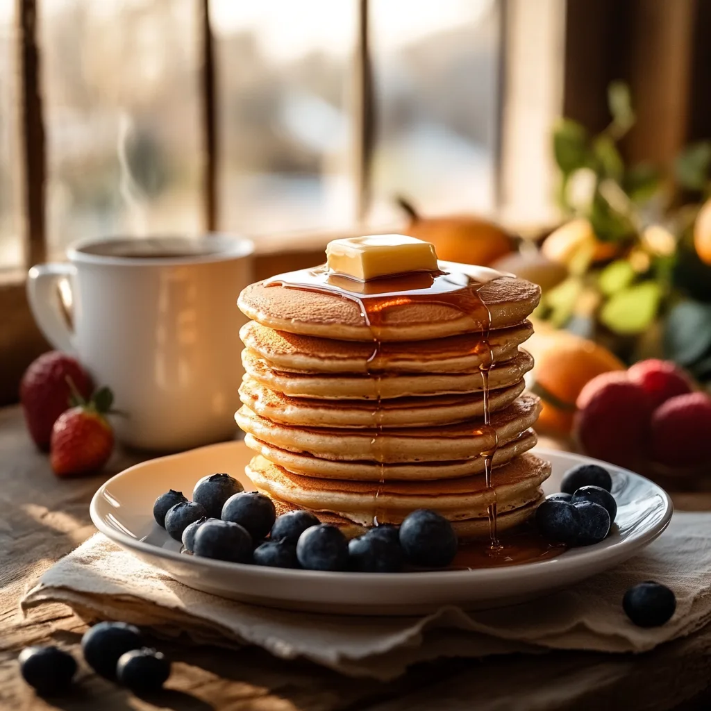 Stack of fluffy hotcakes with syrup and butter on top