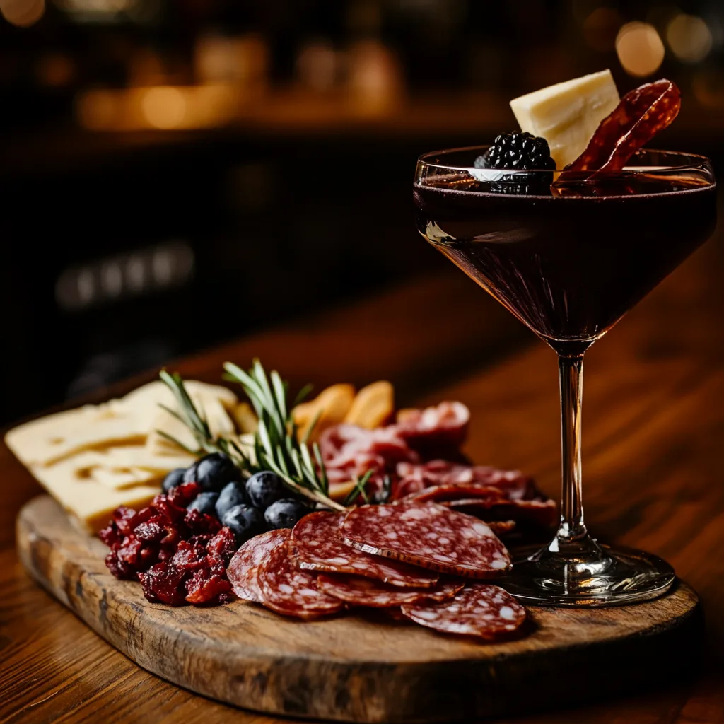 A Black Manhattan cocktail paired with a charcuterie board.