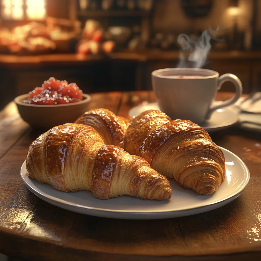 Freshly baked French croissants and Swiss gipfeli displayed on a wooden table with coffee and preserves in a Parisian café