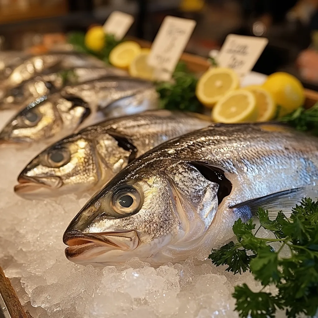 Fresh branzino on ice at a seafood market.