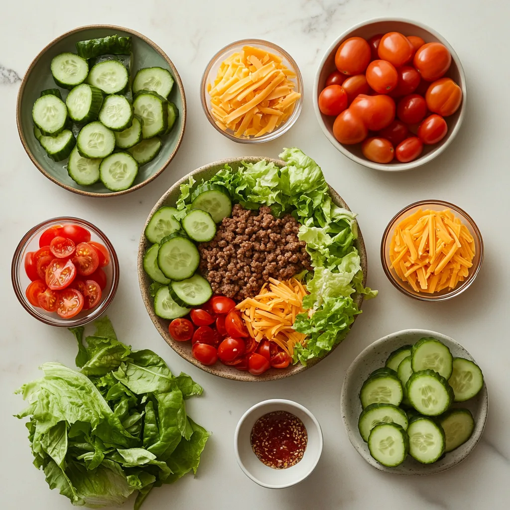 Fresh ingredients for a burger bowl laid out on a countertop