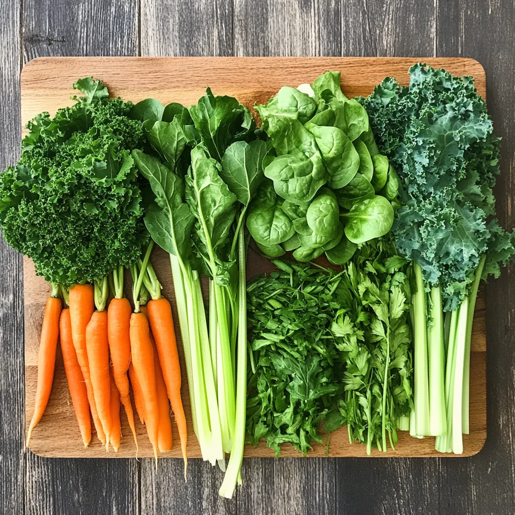 A variety of fresh green leafy vegetables and chopped carrots displayed on a wooden cutting board.