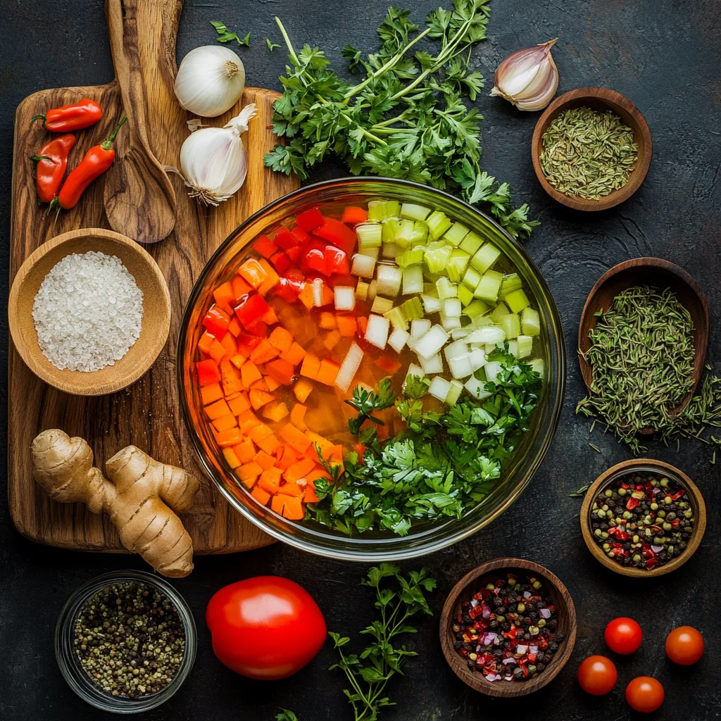 An overhead view of fresh soup ingredients, including vegetables, herbs, and broth, laid out on a wooden surface