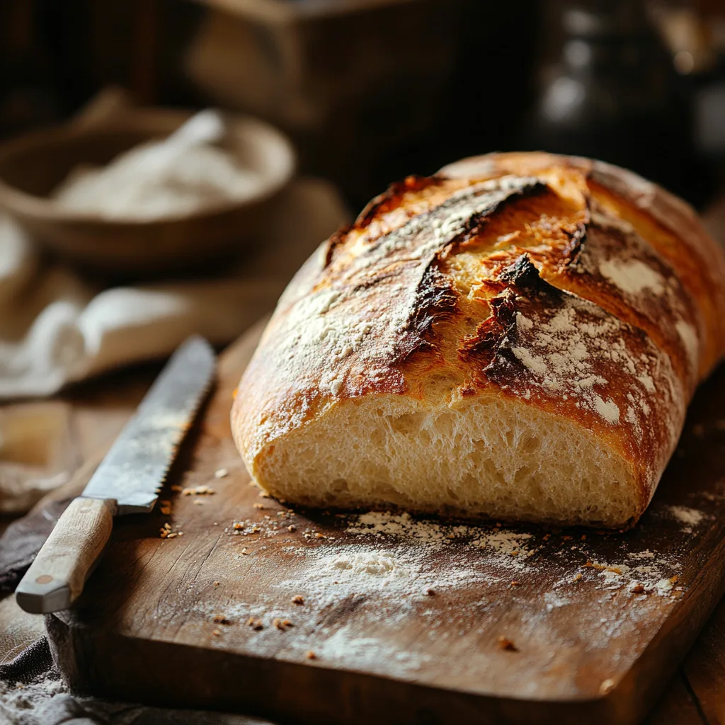 Close-up of a golden-brown crusty Italian bread loaf on a wooden cutting board.