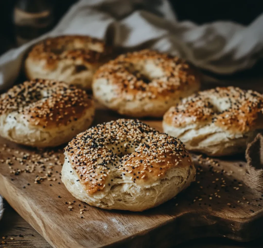 Sourdough bagels freshly baked and arranged on a wooden cutting board.