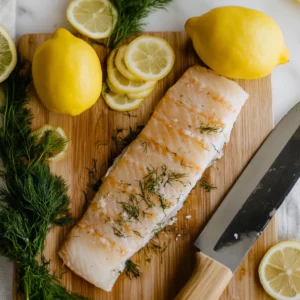 A close-up shot of a raw rockfish fillet on a wooden cutting board with lemon slices, dill, and a fillet knife.