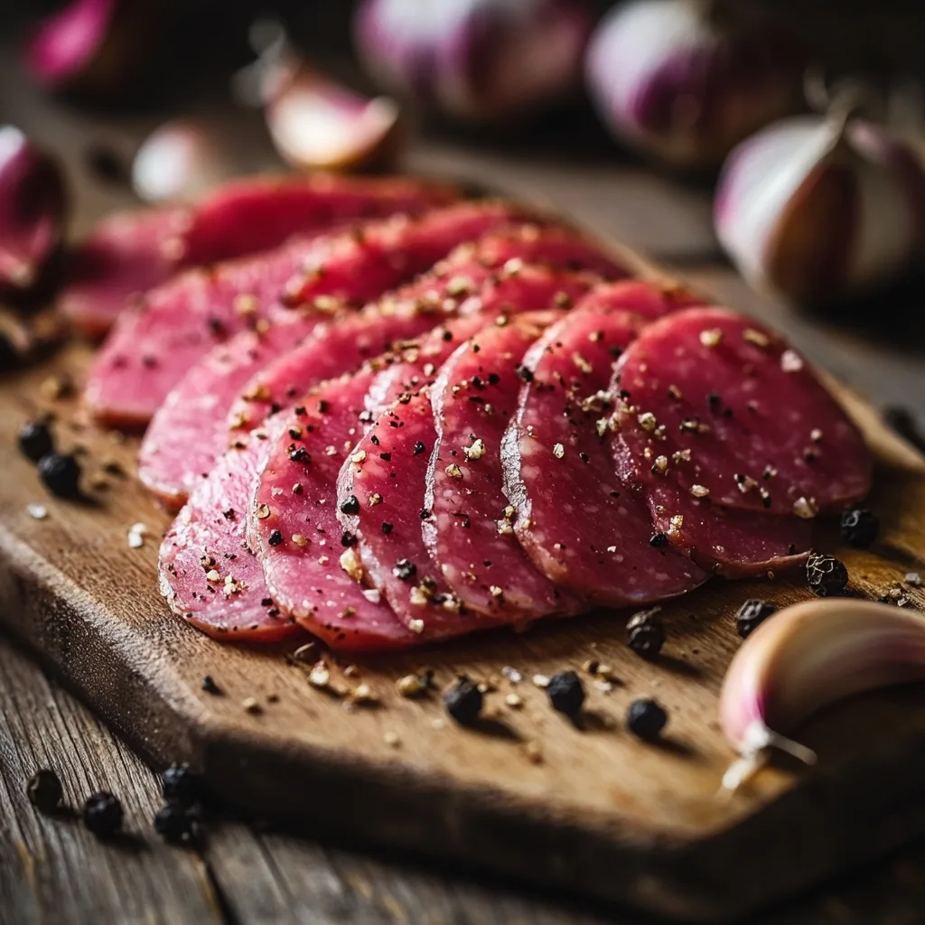 Close-up image of sliced garlic bologna on a wooden cutting board with garlic cloves and peppercorns, showcasing its rich texture.