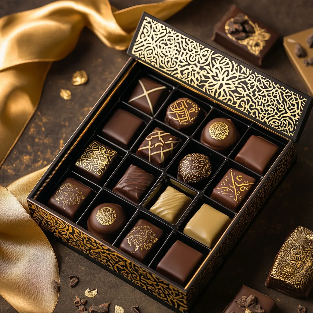 A luxury box of Dubai chocolates with gold accents and Arabic-inspired designs.