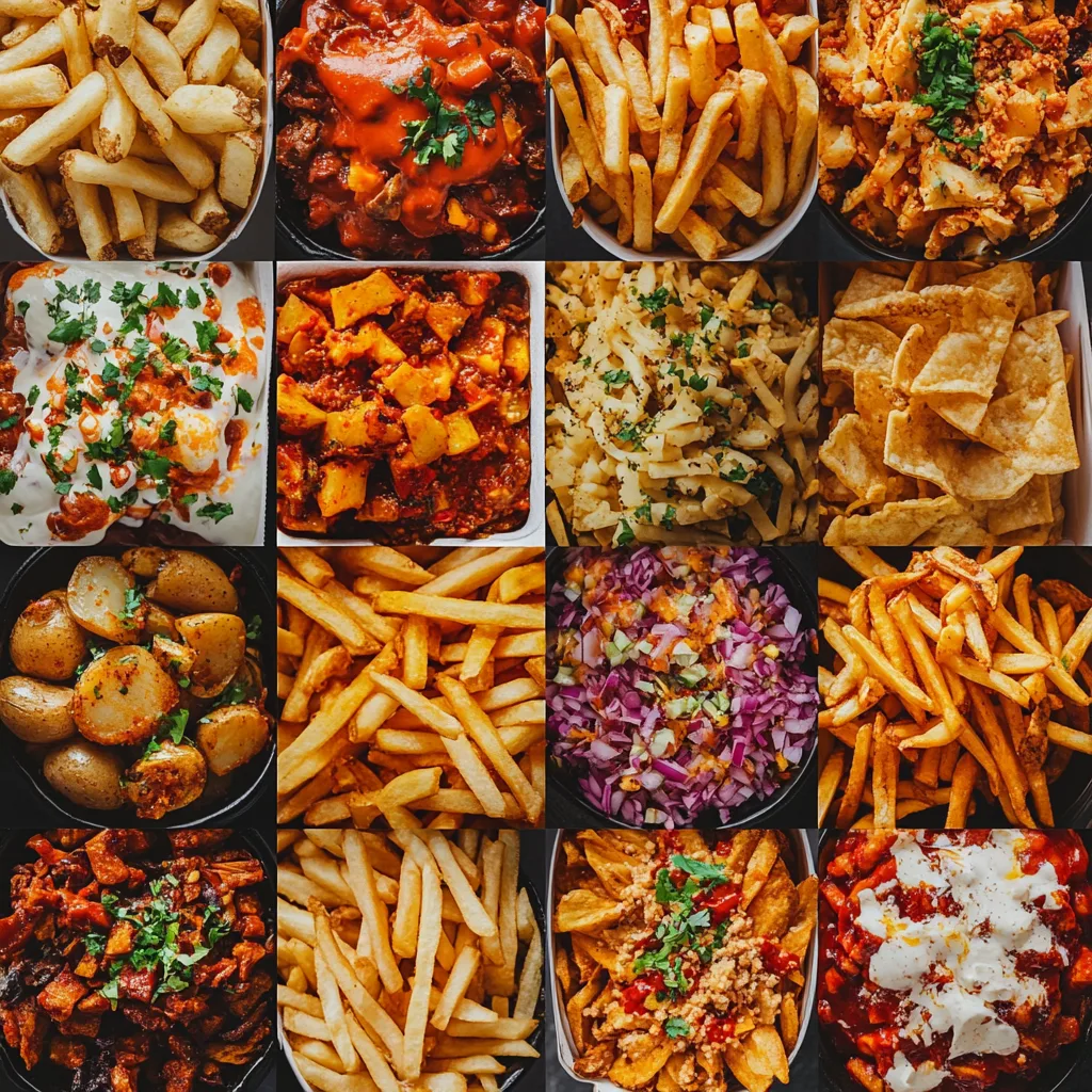 Collage of spicy potato dishes from various cultures, including patatas bravas, chili garlic fries, and loaded fries.