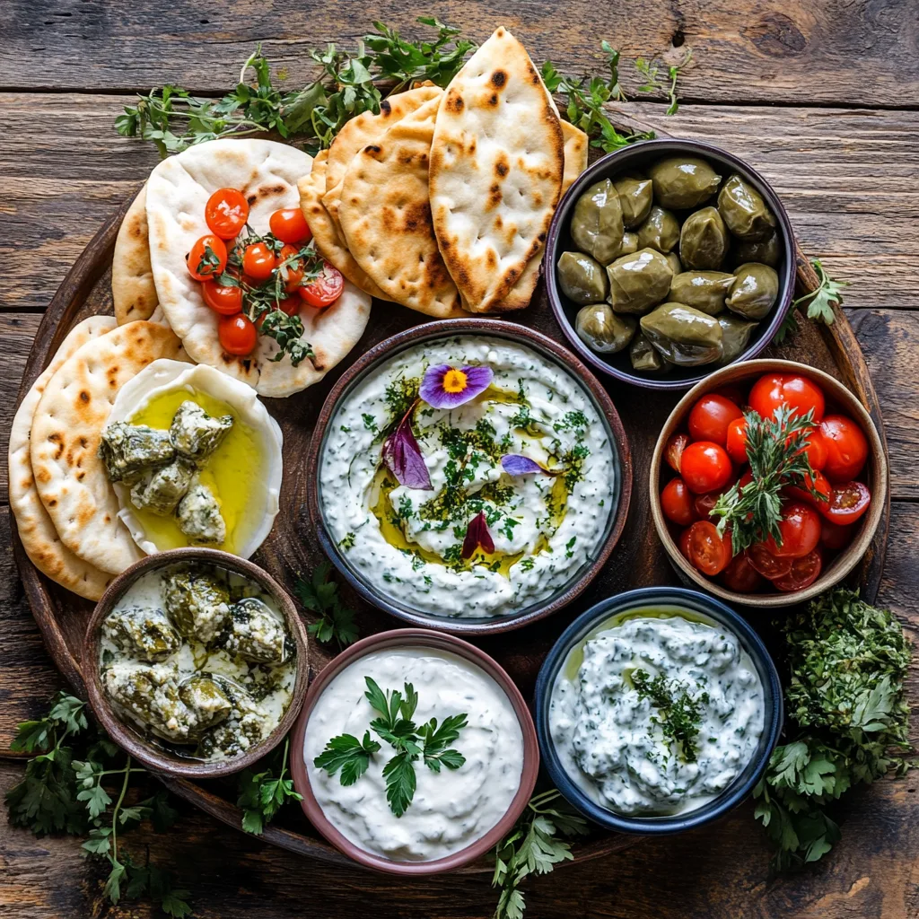 A traditional Greek meze platter with various appetizers.