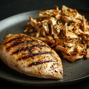 A close-up studio shot of two plates: one with a grilled chicken breast with herbs and visible grill marks, the other with shredded rotisserie chicken, highlighting the textural differences between the two.