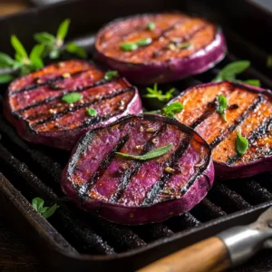 Grilled purple sweet potato slices with char marks on a black grill pan.