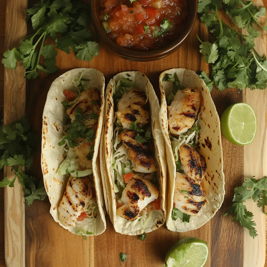 Grilled rockfish tacos with salsa, cabbage, and lime wedges.