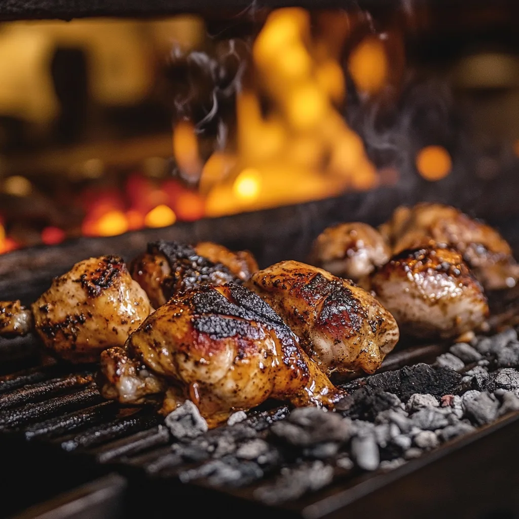 Vibrant image of pollo asado grilling on a charcoal grill, with marinade dripping and light smoke.