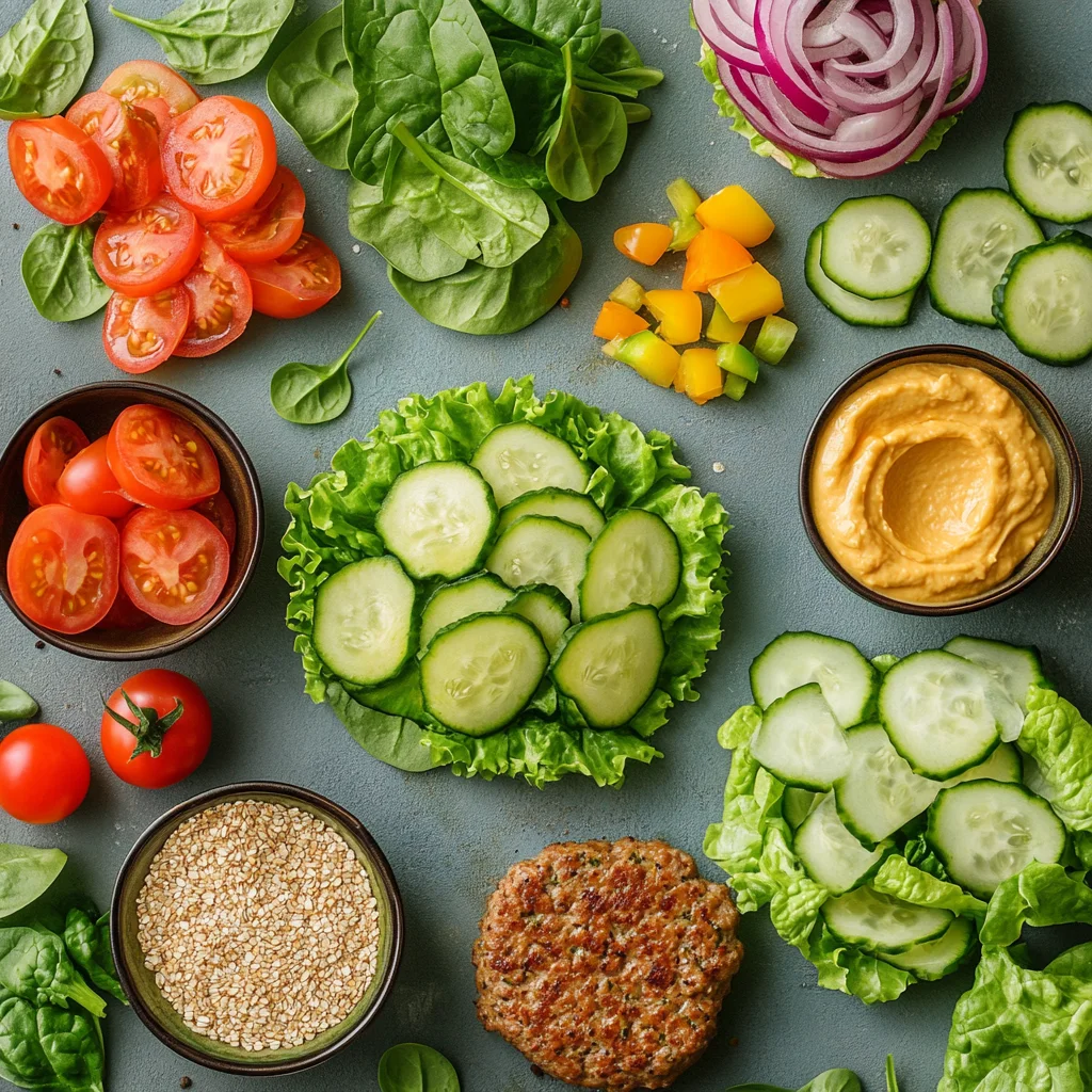 A flat lay, food photography image displaying a variety of healthy burger ingredients, such as lean meat and plant-based patties, whole-wheat buns, colorful vegetables, and healthy condiments.