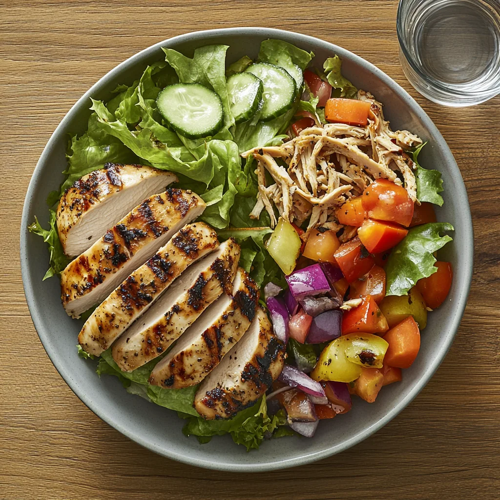 An overhead shot of a healthy meal featuring a plate with sliced grilled chicken breast alongside a salad with shredded rotisserie chicken, colorful vegetables, and water