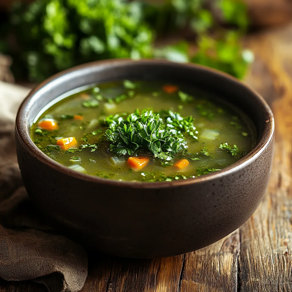 A steaming bowl of swamp soup, rich in green vegetables and garnished with fresh parsley.