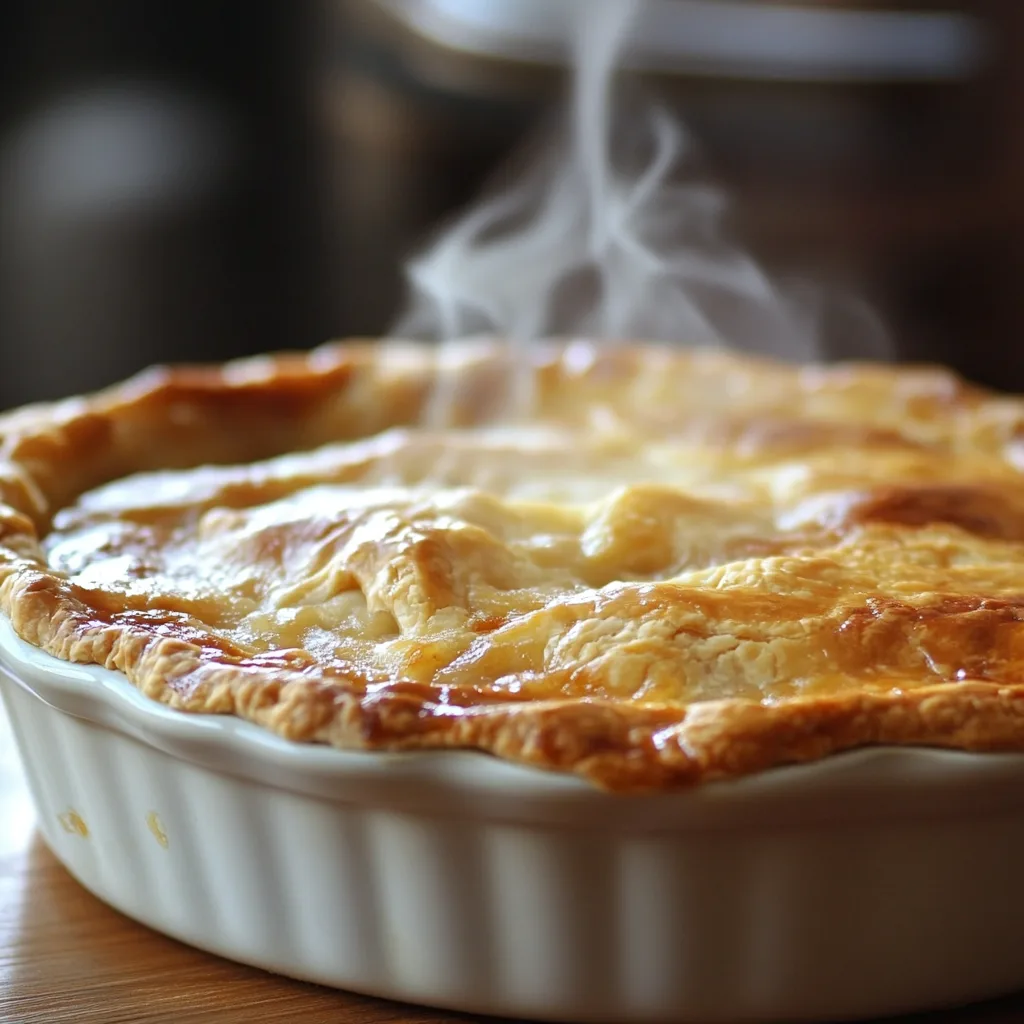 Golden chicken pot pie in a baking dish with a flaky crust.