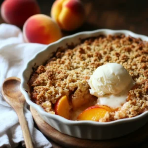 Freshly baked peach crumble in a dish with a scoop of ice cream