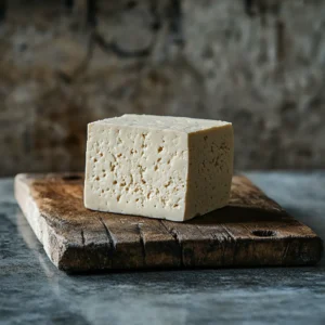 A block of fresh homemade tauhu on a wooden cutting board