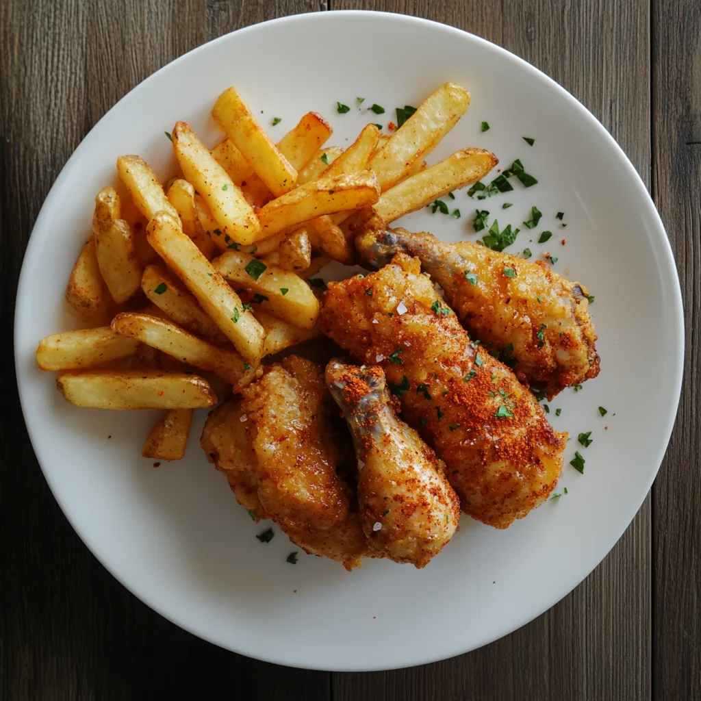 Overhead view of a white plate with chicken and a small side of hot fries.