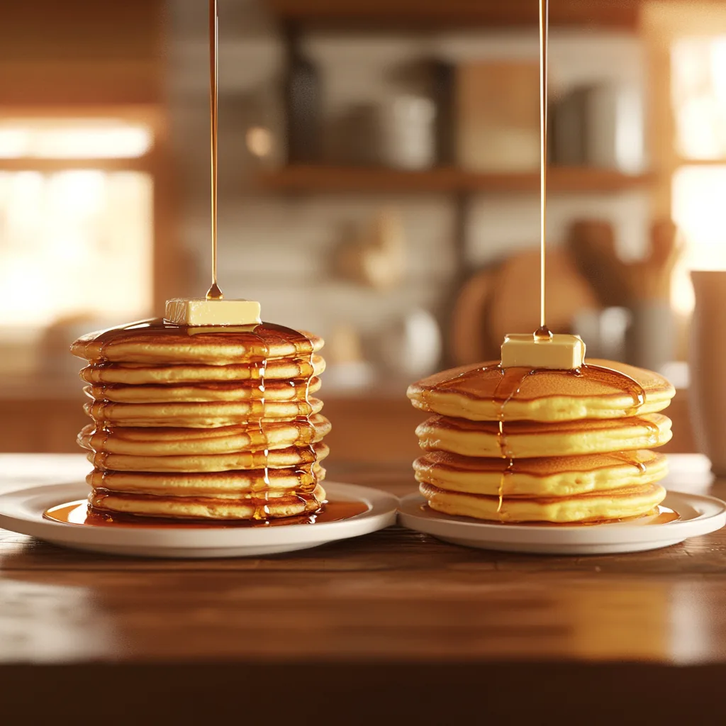 A side-by-side comparison of hotcakes and pancakes served with syrup and butter.