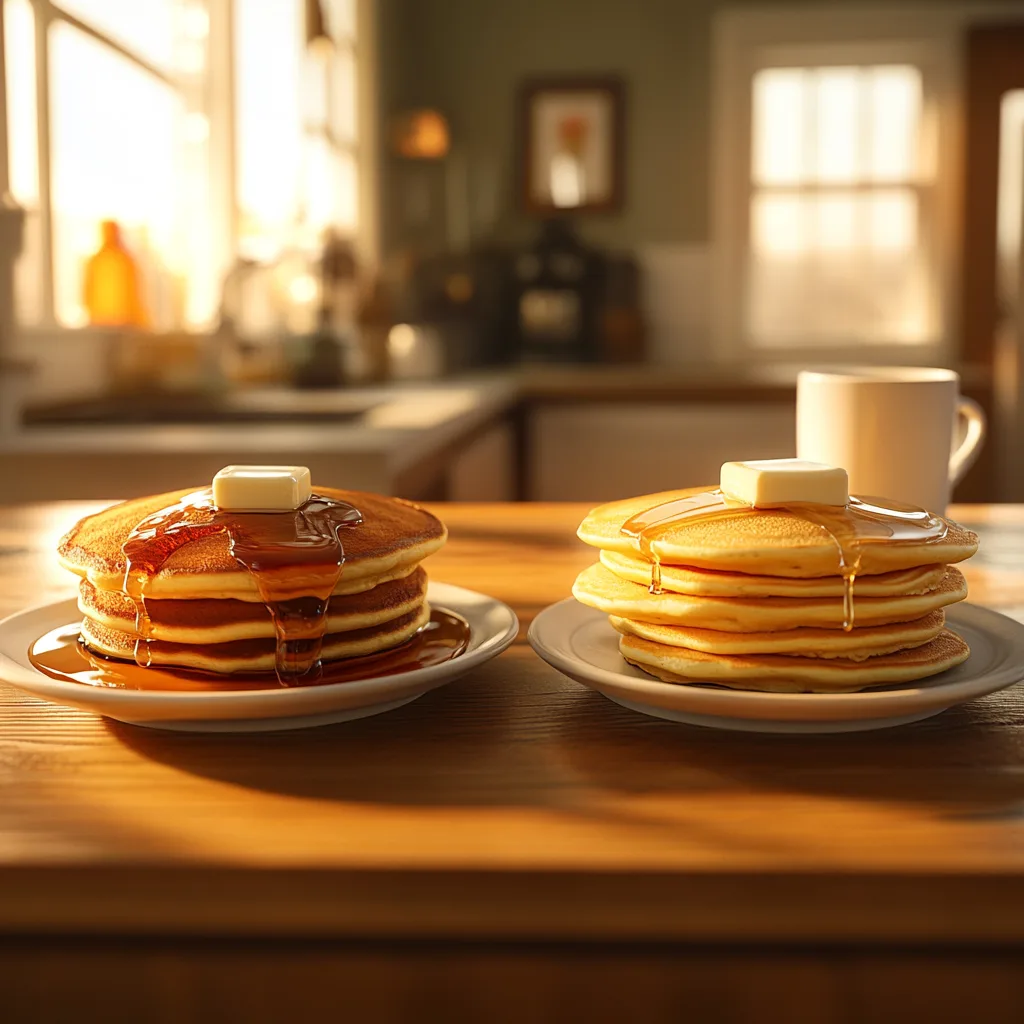 Two plates side by side: one with hotcakes and the other with pancakes, topped with butter and syrup.