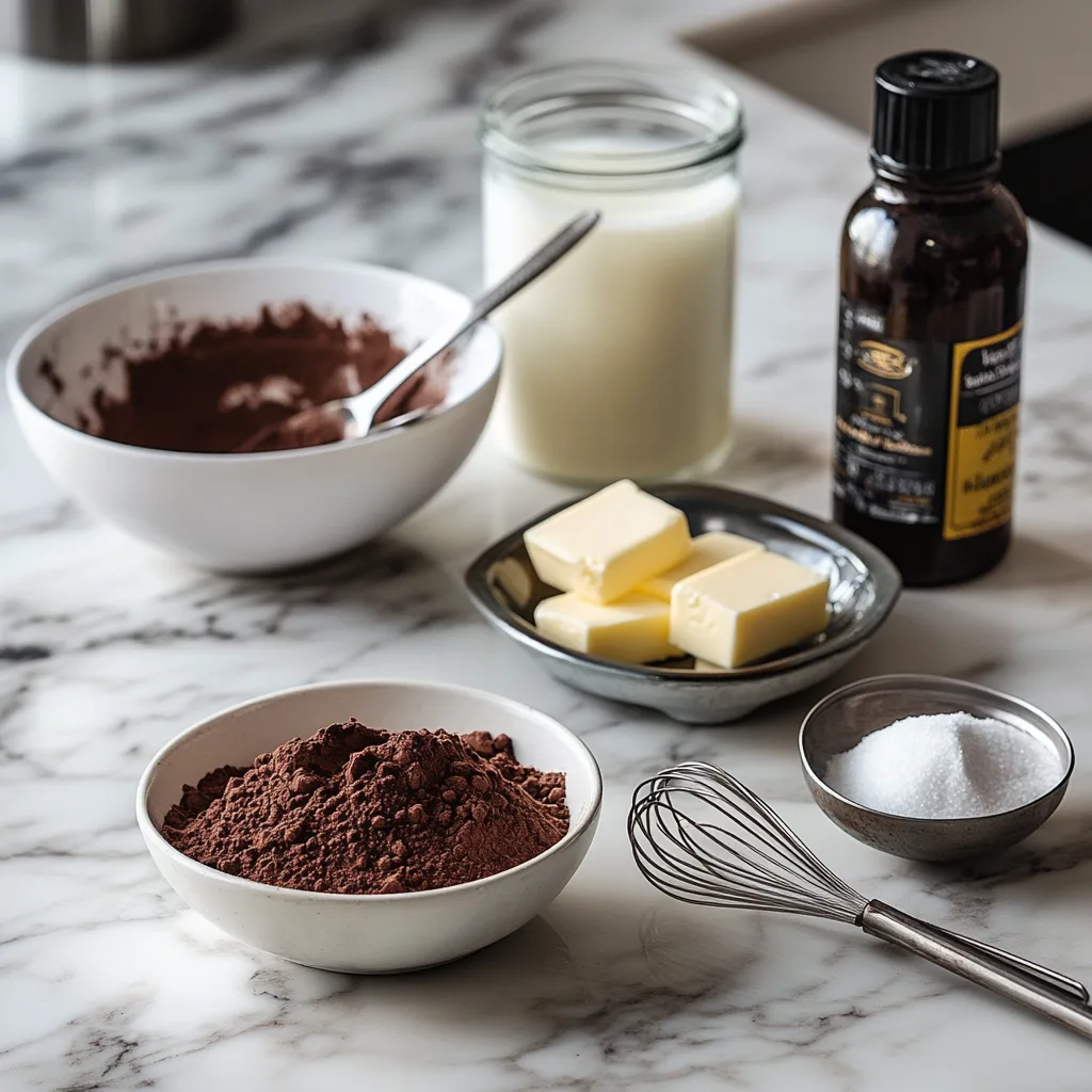 Chocolate gravy ingredients arranged on a kitchen counter