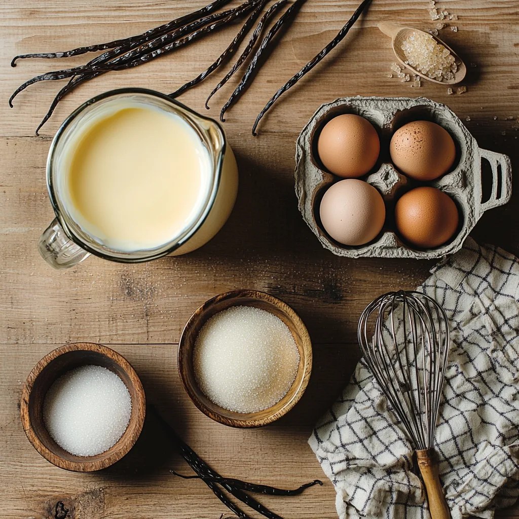 Fresh ingredients for making crème brûlée and custard displayed on a kitchen counter.