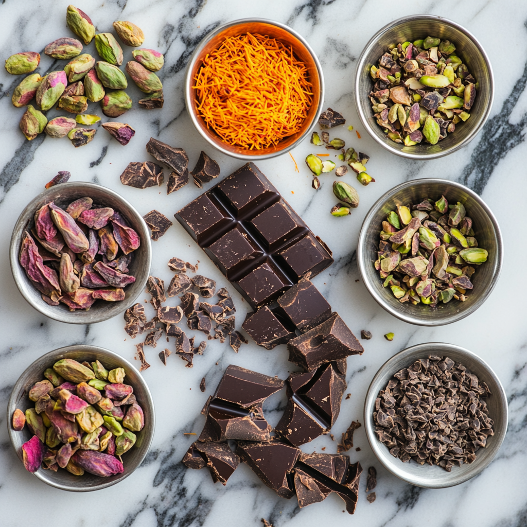 Ingredients for Dubai chocolate bars, including chocolate, pistachios, dates, and saffron.