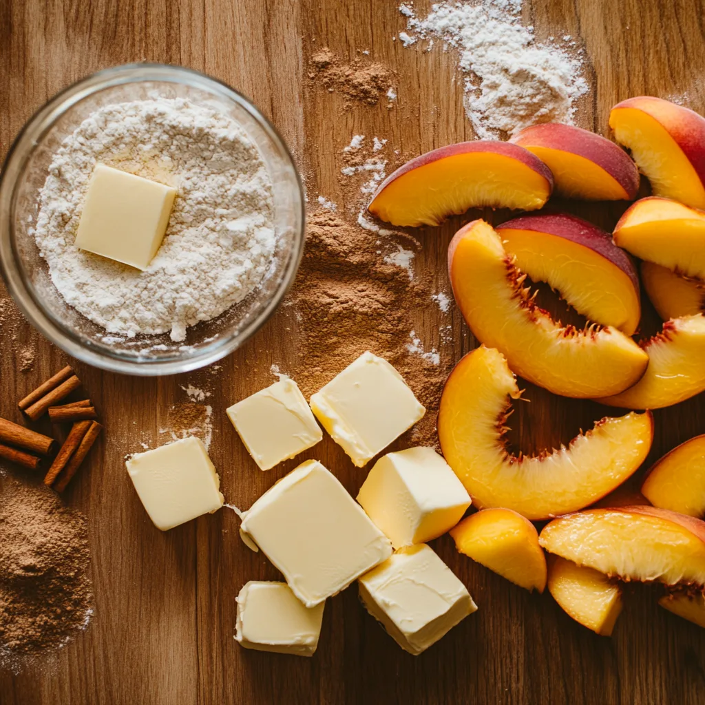 Fresh peaches and crumble topping ingredients on a kitchen counter