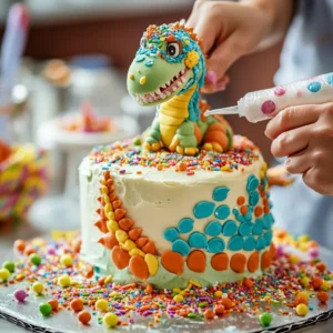 A vivid and colorful dinosaur cake shaped like a Tyrannosaurus Rex, set on a party table with jungle decorations.