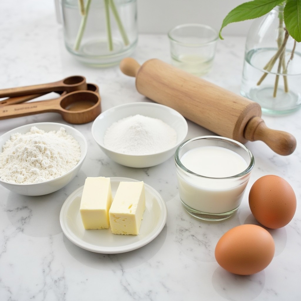 Ingredients for making Gipfeli arranged on a kitchen counter