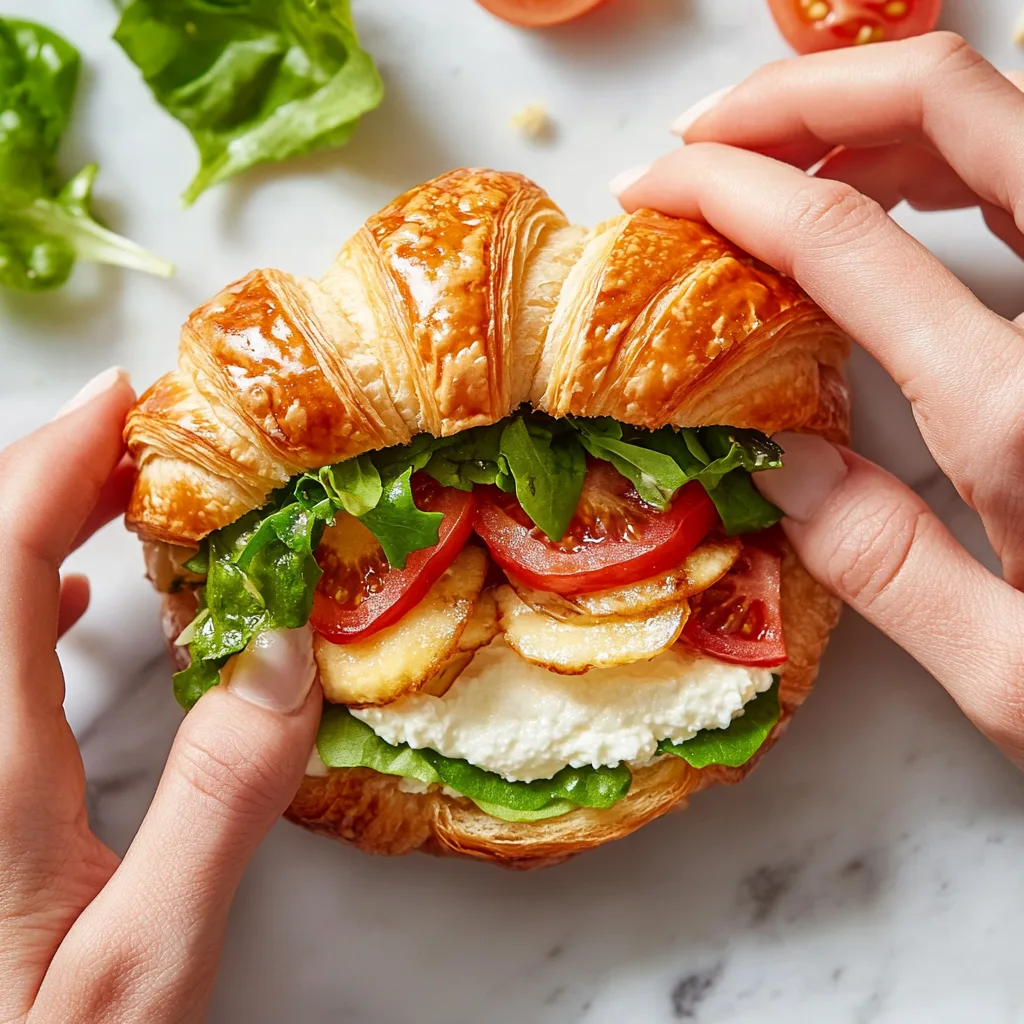 Overhead, close-up image of hands gently assembling a mini croissant sandwich, with a focus on the layering process, showcasing fresh ingredients.