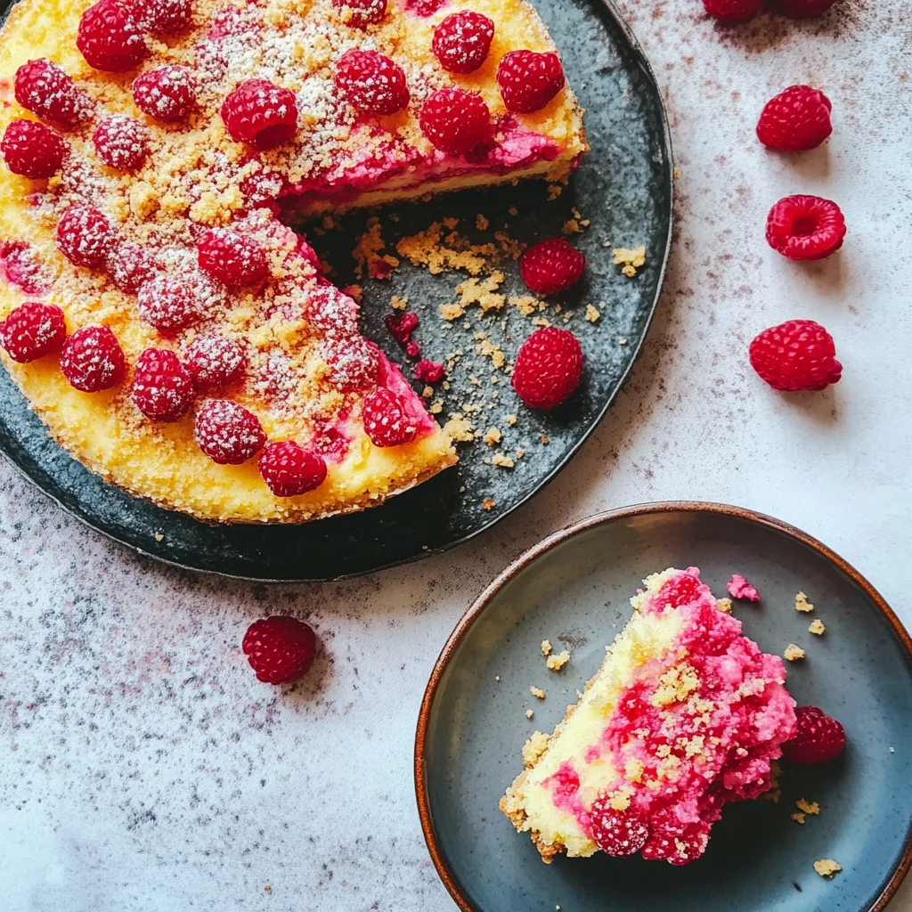 Overhead view of lemon raspberry cake with madeleine topping.