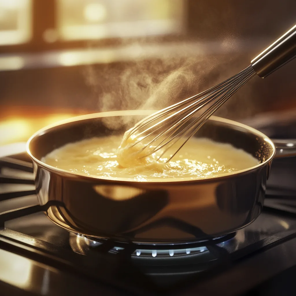 A roux being whisked in a saucepan.