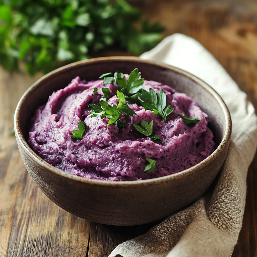 A bowl of mashed purple sweet potatoes garnished with herbs