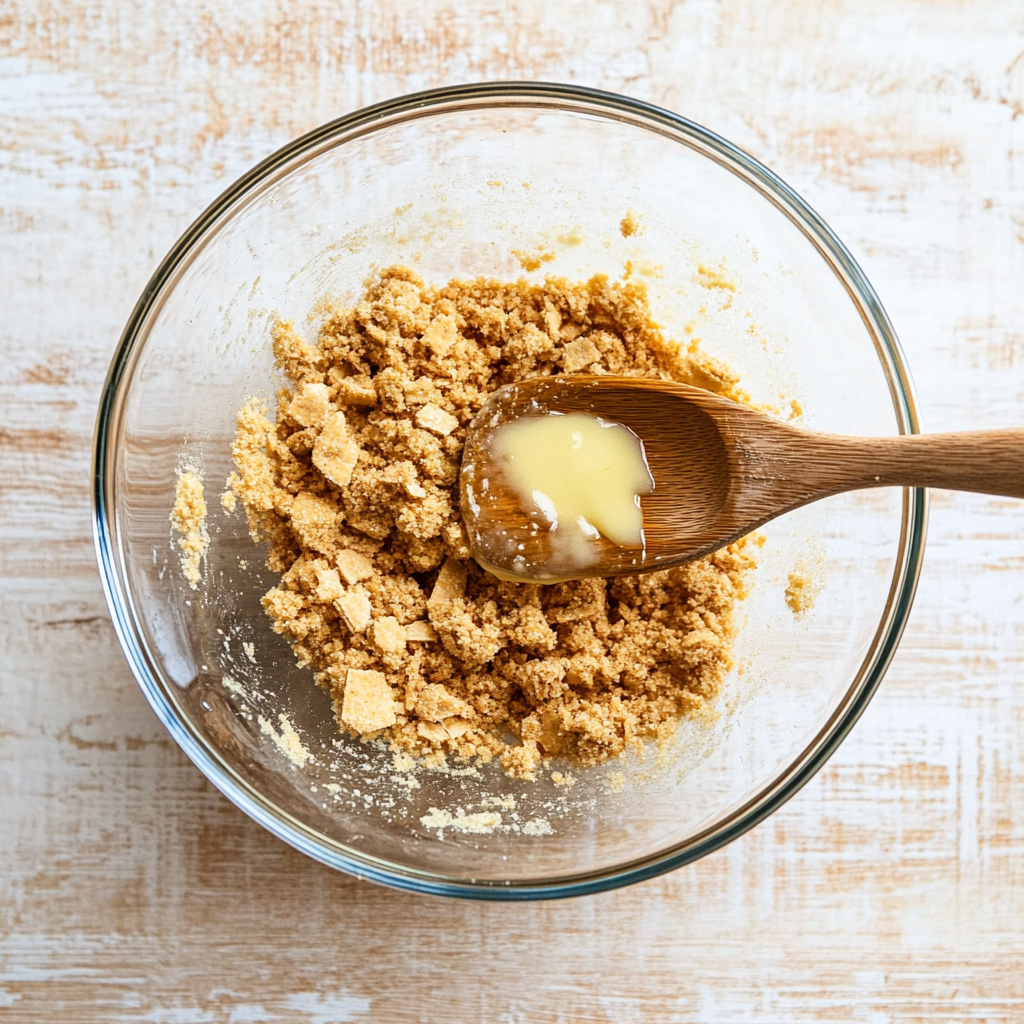 A bowl of graham cracker crumbs with melted butter being mixed in.