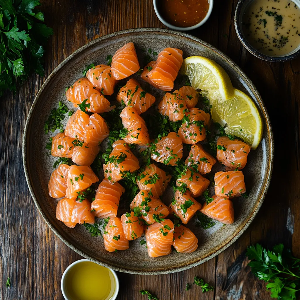 Platter of salmon bites with garnishes and lemon wedges.