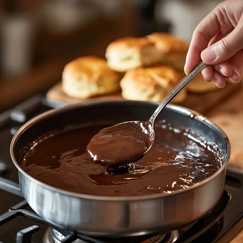 Thick chocolate gravy being stirred in a pot on a stove, with biscuits in the background, showcasing the art of home cooking.