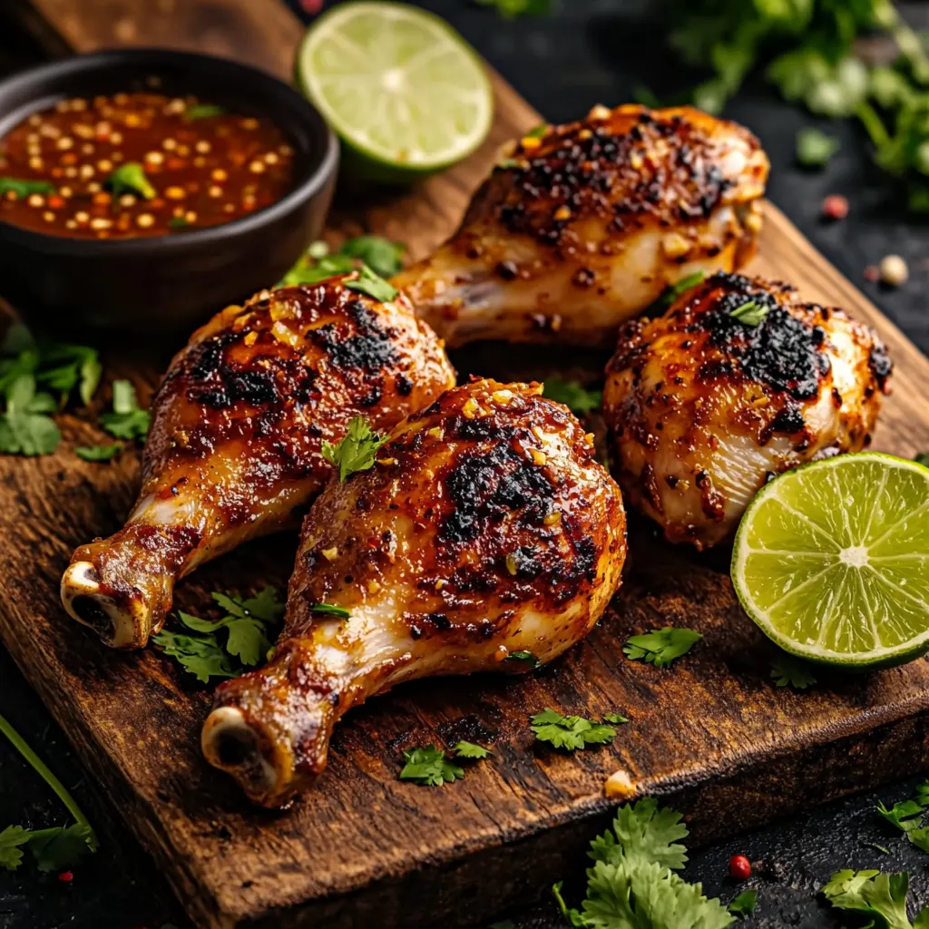 Pollo asado drumsticks on a rustic cutting board with lime slices, cilantro, and a bowl of marinade