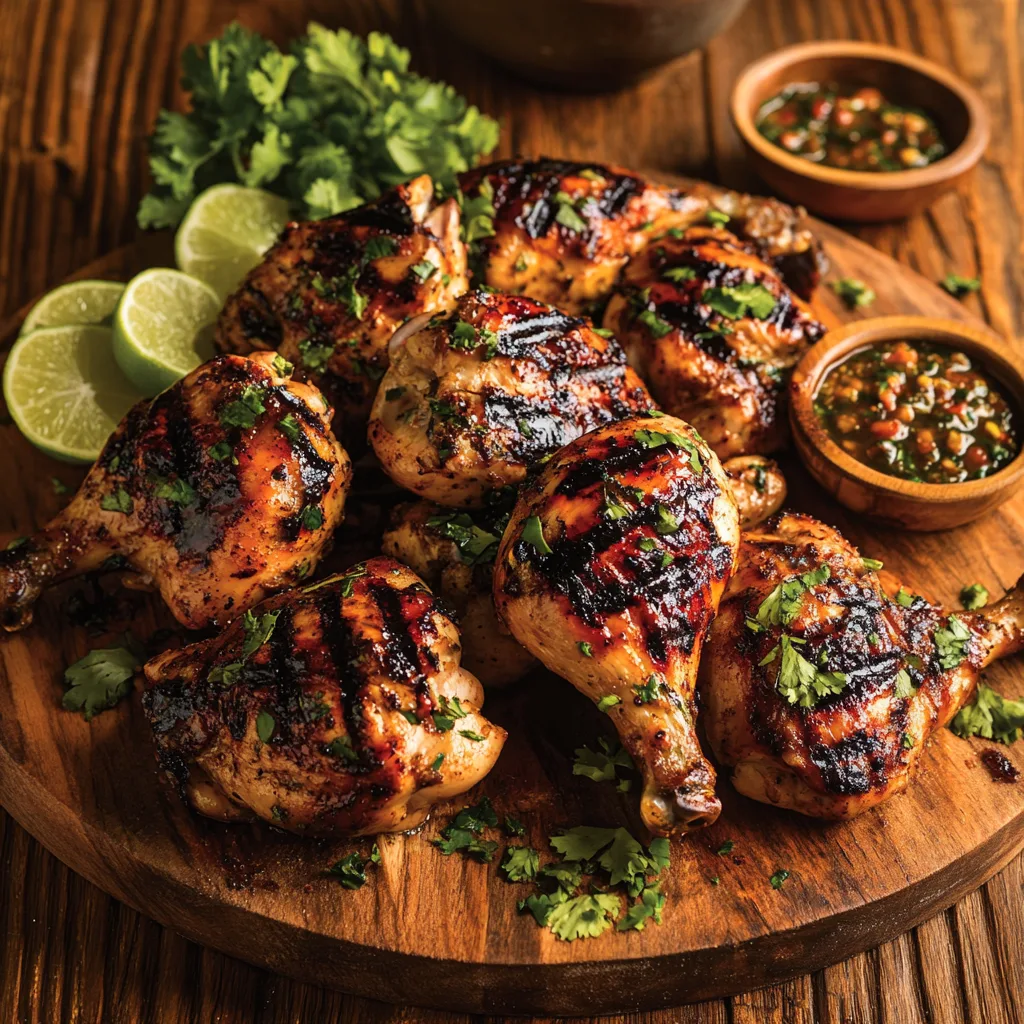 Grilled pollo asado on a wooden platter with lime wedges and cilantro, showcasing its smoky char and golden color.