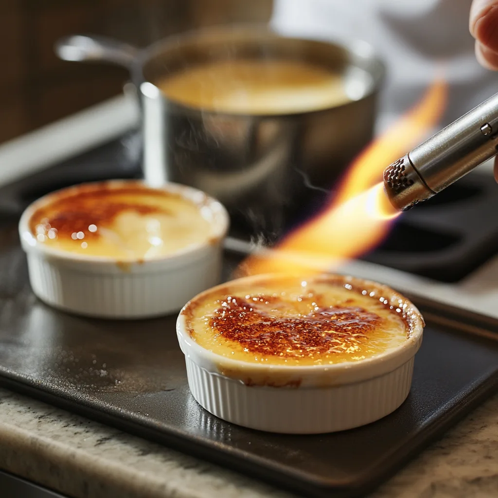 A chef torching the sugar on crème brûlée while custard cooks on a stovetop.