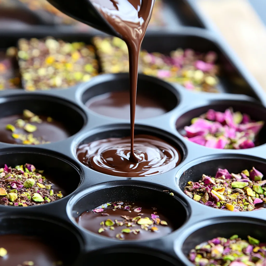 Melted chocolate being poured into molds with pistachios and rose petals.